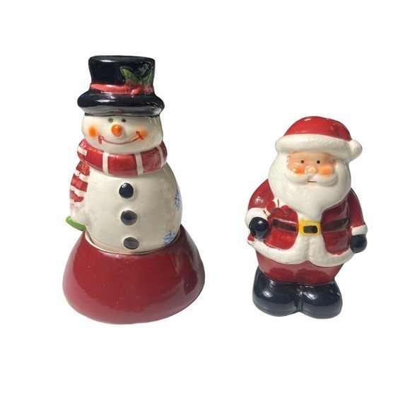 Santa Claus & Snowman Christmas Tree Stand Ceramic Salt & Pepper Shakers - Picture 1 of 6